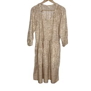 Magaschoni Womens Linen Drop Waist Midi Dress Medium Beige Floral Tasseled